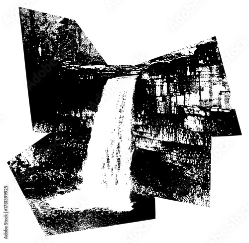 Waterfall cascades dramatically in a rugged landscape