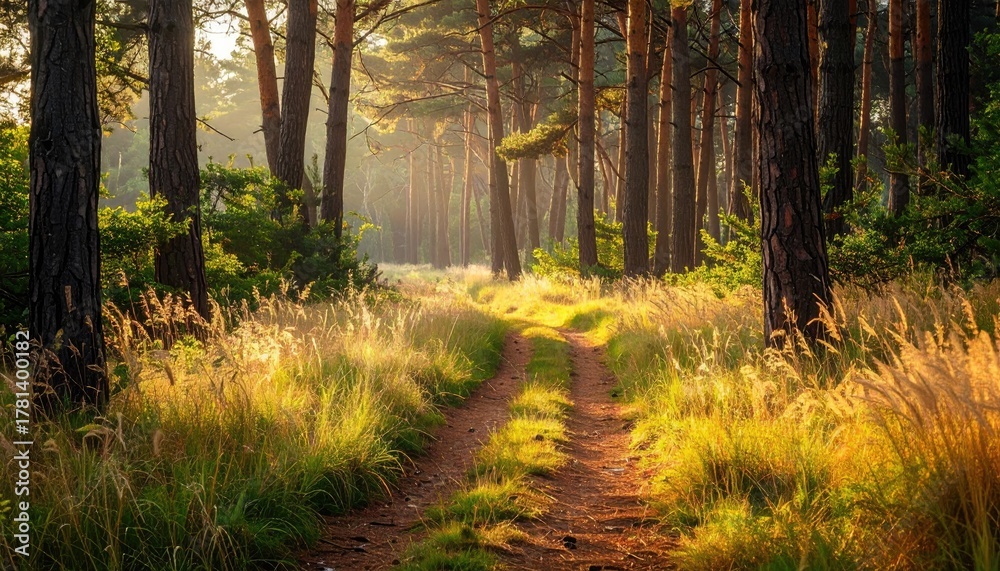 Fototapeta premium Sun Dappled Forest Path Bathed in Golden Hour Light with Tall Pine Trees and Wild Grasses on a Summer Afternoon