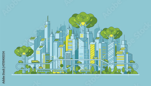 A bustling cityscape powered by green energy showcasing electric vehicles and bioenergy plants seamlessly integrated into the urban environment.