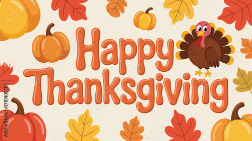 Cute cartoon turkey and pumpkins decorate happy thanksgiving greeting card with autumn leaves