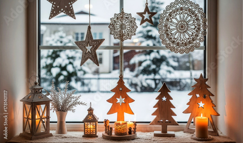 Christmas window with beautiful festive wooden decorations and candle lights with snowy outdoor view. Winter holidays concept.
