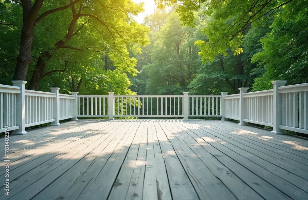 Obraz premium Wooden deck with white railing overlooks lush green forest. Sunlight filters through trees creating dappled shadows on the empty patio floor. Serene outdoor space invites relaxation.