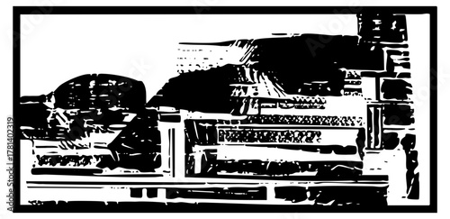 Bridge spans river woodcut illustration