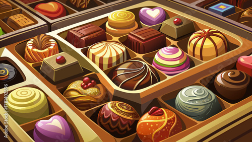 Very beautiful assortment of chocolates neatly arranged in a box, with glossy surfaces, varied shapes, rich colors, and elegant presentation in warm natural light creating a realistic gourmet scene.