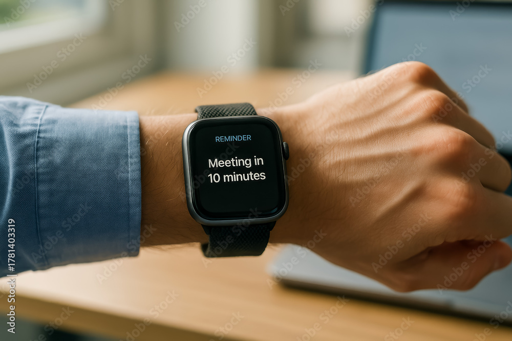 Fototapeta premium Smartwatch displaying meeting reminder on a person's wrist