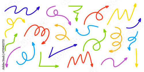 Colorful Arrows Doodle Set. Collection of multicolored handdrawn arrows in various curved shapes and directions. Playful doodle vector elements for infographic, presentation, creative design project