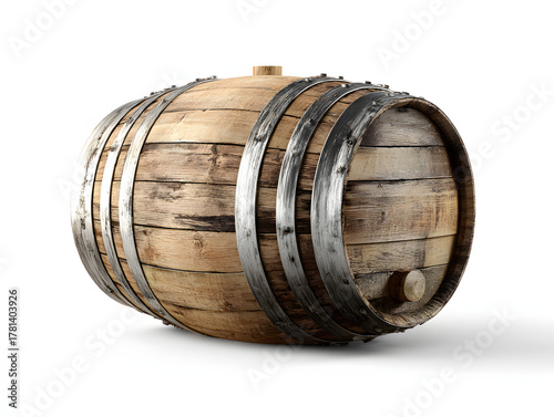 Wooden wine barrel photographed in studio lighting on white background.