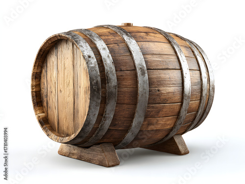 A single wooden wine barrel isolated on a clean white background.