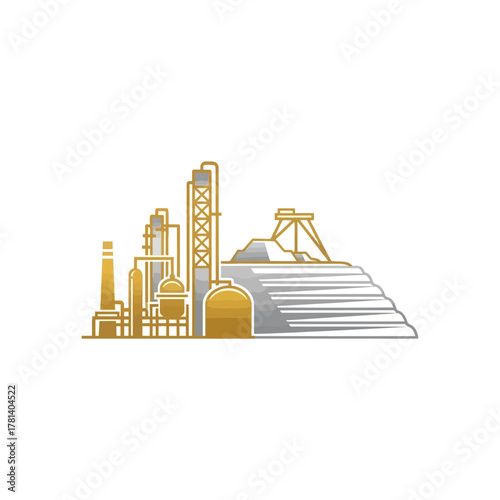 Illustration of a modern industrial complex featuring a refinery and a mining operation with a large pile of extracted material.