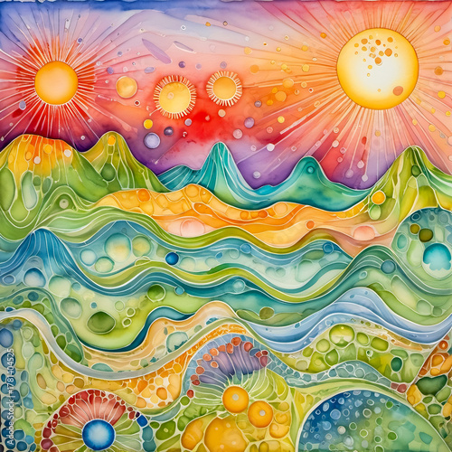 an abstract landscape made of giant colorful cells, with membranes forming hills and nuclei glowing like suns.