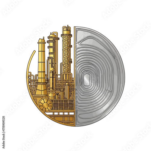 A split circular emblem contrasting a golden industrial plant with a silver terraced mine, symbolizing extraction and processing.
