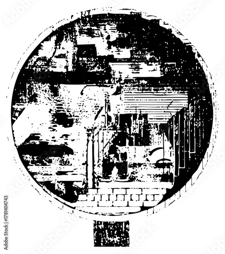 Ancient ruins depict history within a circular frame