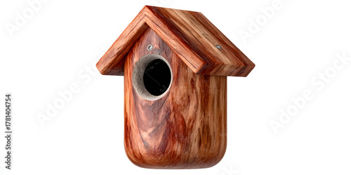 Vintage-style wooden birdhouse photographed in a lifelike, realistic manner on a pure white background.