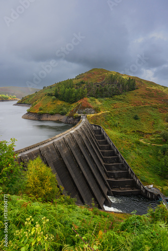 Llyn Clywedog Reservoir and dam as rain clouds move in to refill the water storage