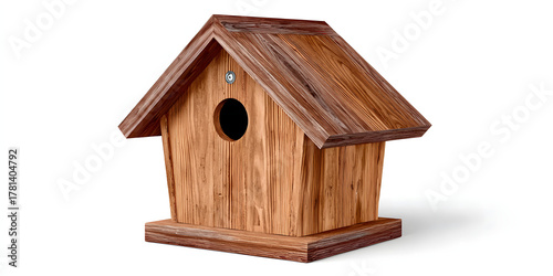Authentic photography of an old-fashioned wooden birdhouse, isolated on white, showcasing realistic detail and texture.