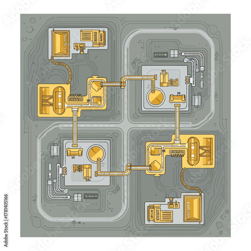 Top-down schematic illustration of a modular industrial factory with interconnected pipelines and machinery.