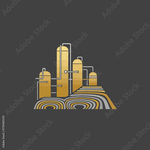 An industrial illustration featuring gold-colored refinery towers and pipelines, set against a dark gray background.
