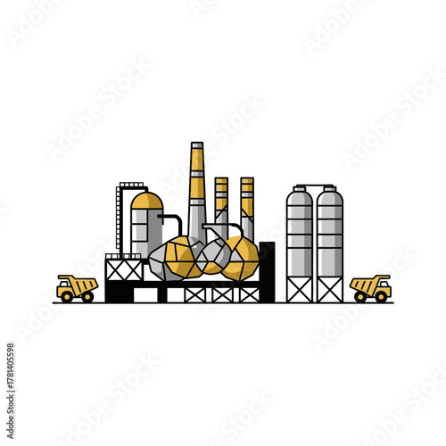 Illustration of an industrial complex with storage tanks, smokestacks, and trucks, representing manufacturing and production.