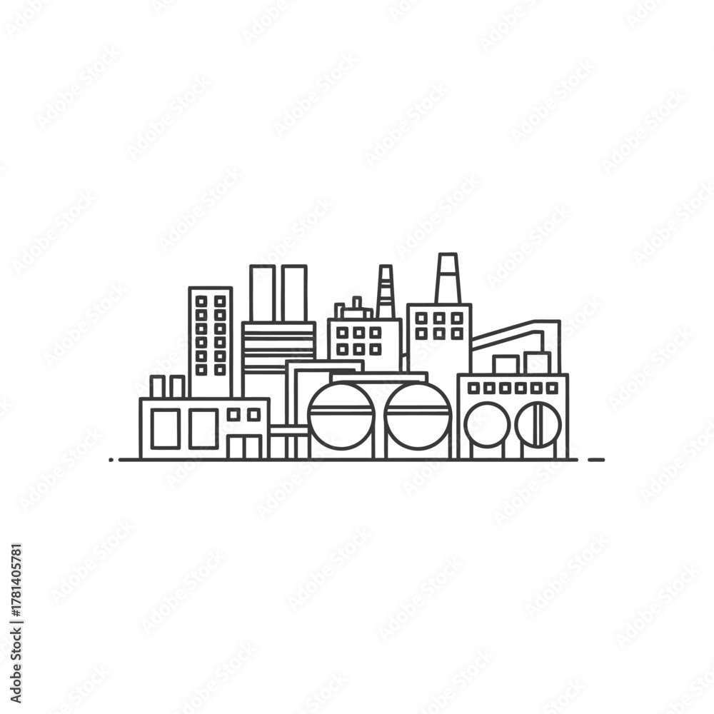 Obraz premium Line art illustration of an industrial complex, featuring factories, storage tanks, and various structures.