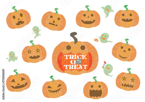 ハロウィーン, １０月、幽霊、おばけ、ジャックオーランタン、食べ物、野菜、セット、かわいい、星、夜、イベント、アイコン、キャラクター、漫画、カボチャ, ランタン, ホラー, ベクター, コレクション, デザイン, デコレーション, お祝い, 休日, 秋, オレンジ