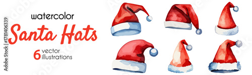 Watercolor Santa hats set. Christmas red hats collection for winter holidays. Hand-painted festive clipart cards, invitations, posters and seasonal decoration isolated on white background.