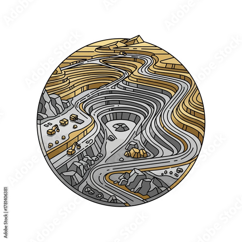 A stylized circular vector illustration of an open-pit mine with terraced levels and winding roads.