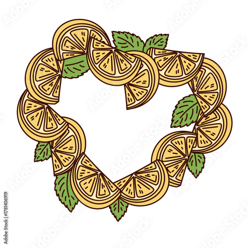 Decorative wreath made of lemon slices and mint leaves in groovy cartoon style. Bright citrus frame for summer drinks design, labels, or packaging, vector illustration.