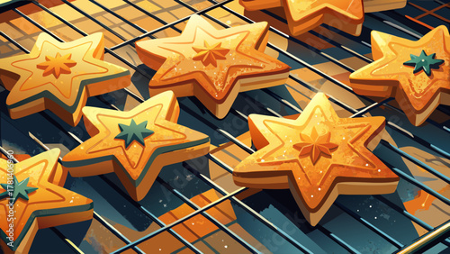 Very beautiful flatlay of star-shaped cookies on a cooling tray, with golden-baked texture, scattered sugar, and warm natural light creating a realistic and inviting baking scene.