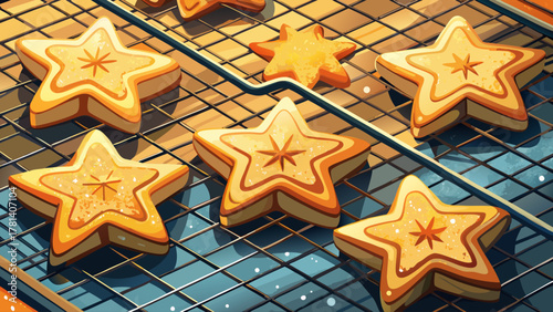 Very beautiful flatlay of star-shaped cookies on a cooling tray, with golden-baked texture, scattered sugar, and warm natural light creating a realistic and inviting baking scene.