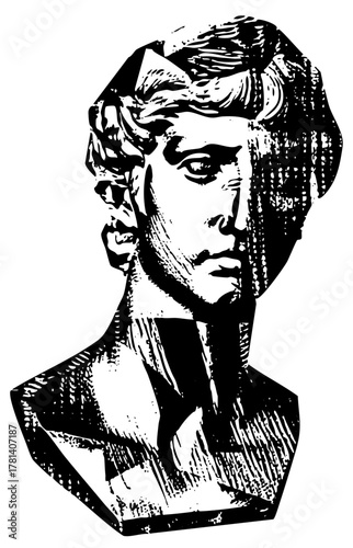 Portrait gazes intently into antiquity sculpture