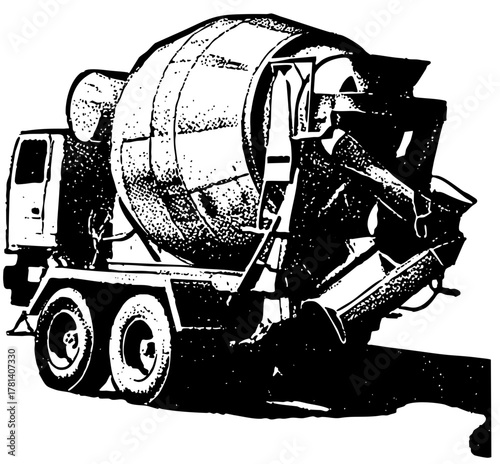 Concrete mixer discharges material at construction site