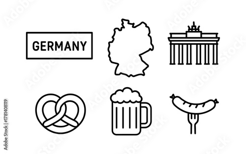 German icons collection: pretzel, beer, sausage, map, brandenburg gate