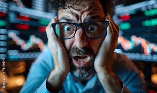 Shocked trader reacting to market crash with panic expression as stock prices plummet on digital screens in background.