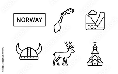Norwegian icons: viking helmet, reindeer, fjord scenery, stave church, map, norway sign