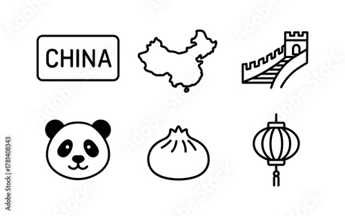 Cultural icons of china: map, great wall, panda, dumpling, lantern in simple outline style