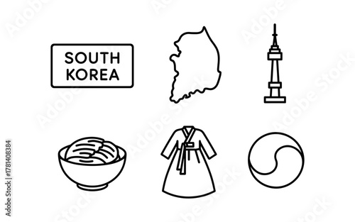 South korea icons: cultural landmarks, cuisine, traditional fashion and symbols in outline style