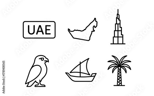 Uae icons set with linear style: landmarks, wildlife, nature, and culture