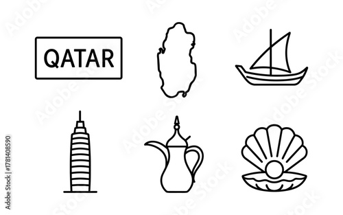 Qatar icon set: line art of landmarks, culture, and heritage