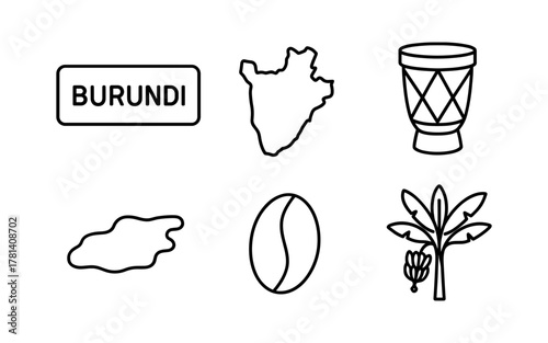 Burundi icons: country map, drum, coffee bean, plantain tree, lake tanganyika