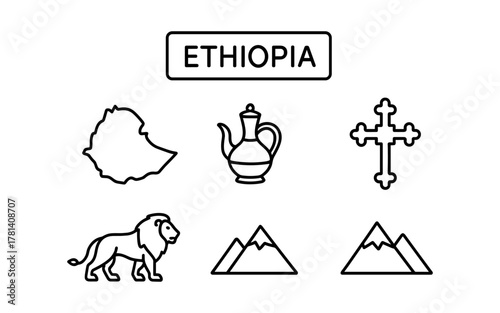 Ethiopia icons: map, coffee pot, cross, lion, and mountains in minimalistic design