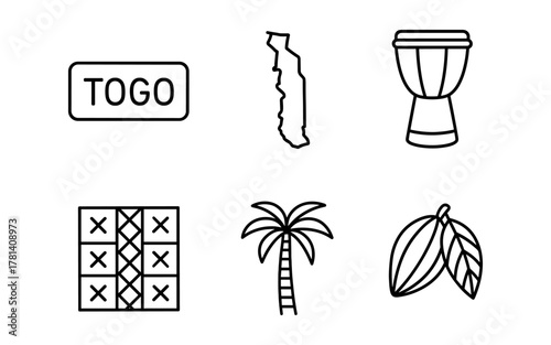 Minimalist icons of togo: map, djembe drum, cacao, palm tree, textile, and togolese sign
