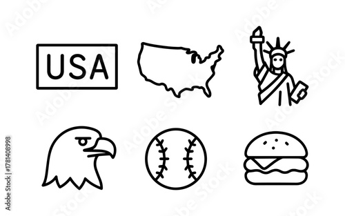 Icon set featuring usa map, liberty statue, eagle, baseball, burger in simple line style