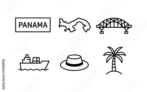 Panama icons: bridge, map, ship, hat, tree in minimalist style