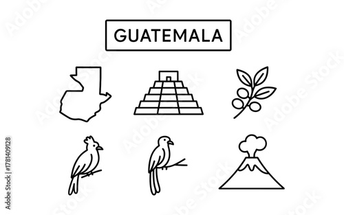 Guatemala line art icons: mayan pyramid, volcano, quetzal bird