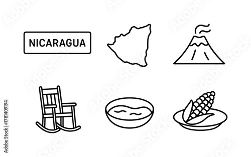 Nicaragua symbols: map, volcano, corn, rocking chair, traditional bowl in black outline