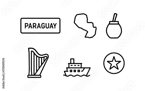 Paraguay icons set: map, yerba mate, harp, ship, star in linear style