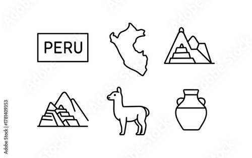 Peru icons: outline style featuring landmarks, llama, and traditional pottery