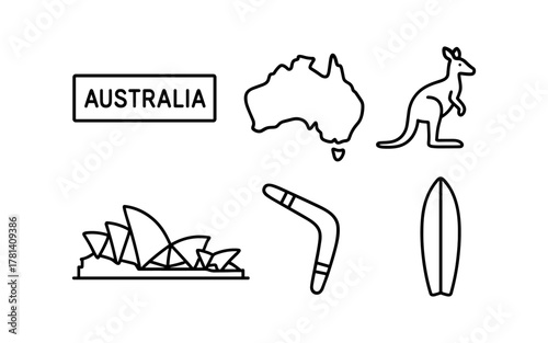 Outline collection of australian icons: map, kangaroo, opera house