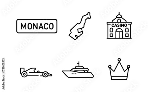 Monaco icon set: casino, racing, yacht, and more in minimal linear style