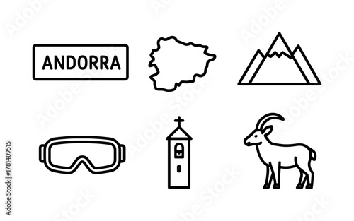 Minimalist andorra icons: mountains, map, and culture symbols